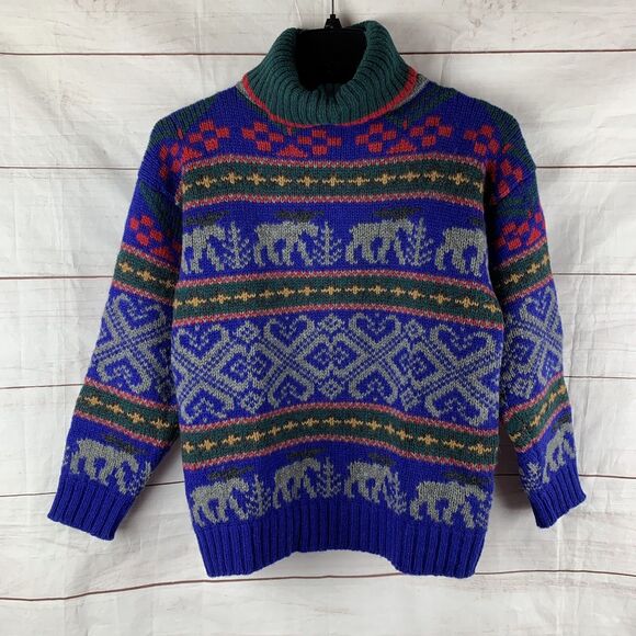 Eddie Bauer Sweater Pullover Vintage Wool turtleneck Deer Animals Geometric Aran - Picture 2 of 16